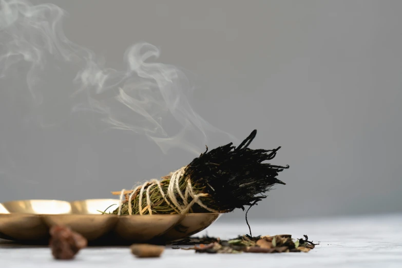 a incense stick with smoke coming out of it, a still life, trending on pexels, dried fern, bespoke, pestle, on grey background