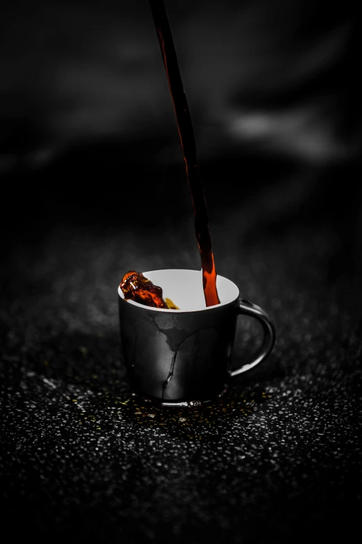 coffee being poured into a cup with a spoon, by Andries Stock, pexels contest winner, photorealism, made of liquid metal, (night), black, casual photography