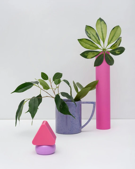 a couple of vases sitting next to each other, an abstract sculpture, inspired by David Hockney, new sculpture, neon purple, large triangular shapes, pink pastel, houseplant
