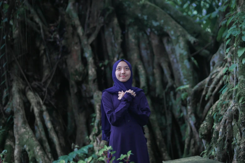 a woman in a purple dress standing in front of a tree, inspired by Nazmi Ziya Güran, pexels contest winner, hurufiyya, at lush forest background, navy, islamic, avatar image