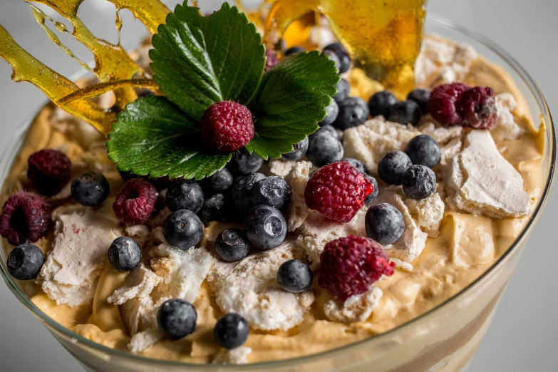 a close up of a dessert in a glass bowl, by Adam Marczyński, trending on unsplash, renaissance, made of flowers and berries, maple syrup sea, humus, 2 0 0 0's photo