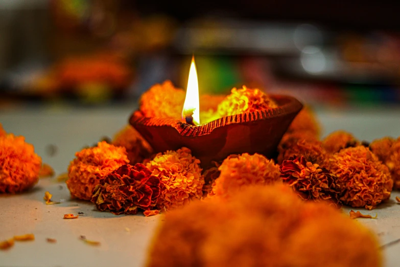 a lit candle surrounded by flowers on a table, hurufiyya, hindu aesthetic, red and orange colored, profile image, festivals