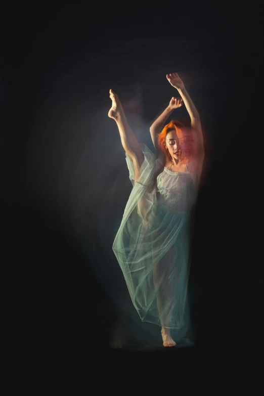 a woman in a white dress dancing in the dark, a portrait, by Elizabeth Polunin, pexels contest winner, long orange hair floating on air, hologram hovering around her, 15081959 21121991 01012000 4k, portrait of maci holloway