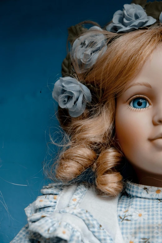 a close up of a doll with blue eyes, an album cover, by Linda Sutton, sideshow collectibles, young girl, 1 9 8 9, blue