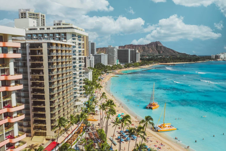 a beach filled with lots of people next to tall buildings, pexels contest winner, renaissance, hawaii, hotel room, 🦩🪐🐞👩🏻🦳, at a tropical beach