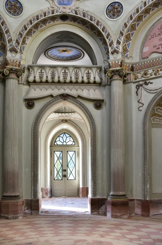 the inside of a building with a clock on the wall, an album cover, inspired by Luis Paret y Alcazar, baroque, tall arched stone doorways, 2 5 6 x 2 5 6 pixels, palace of the chalice, abandoned polish mansion