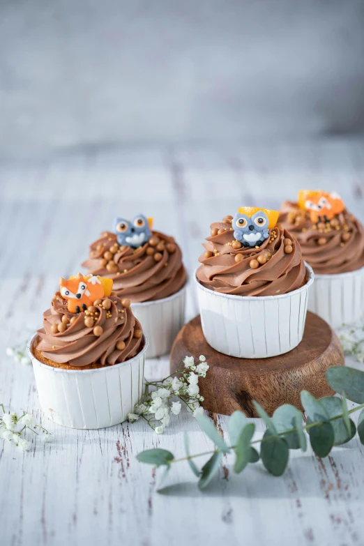 a table topped with cupcakes covered in frosting, inspired by Leo Leuppi, owl crown, detailed product image, wood cups, fuji choco