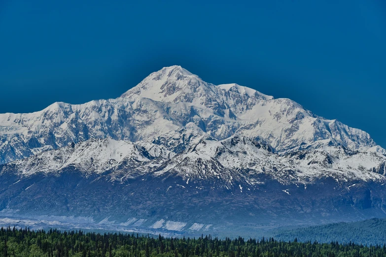 a large mountain covered in snow next to a forest, a portrait, clear blue skies, alaska, gigapixel photo, 8k resolution”