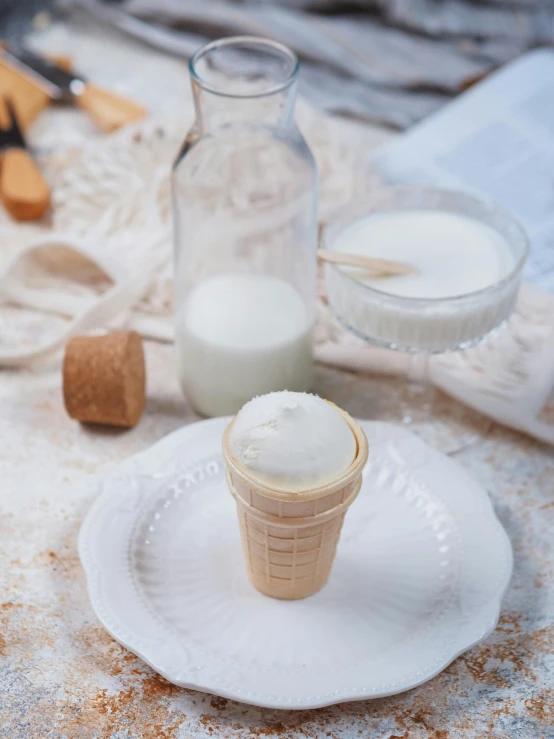 an ice cream cone sitting on top of a white plate, inspired by Wilhelm Hammershøi, unsplash, white powder makeup, wood cups, miniature product photo, background image