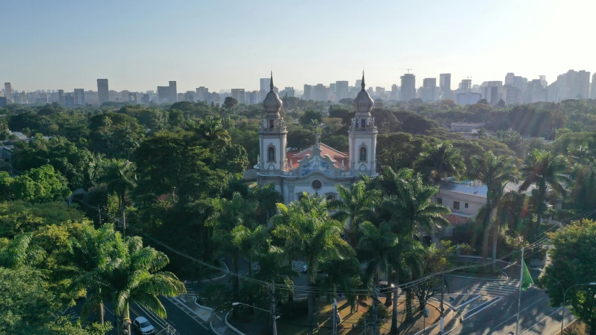 an aerial view of a city with tall buildings, by Ceferí Olivé, church, blessing palms, lush surroundings, edu souza