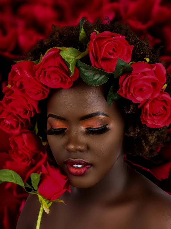 a woman with red roses in her hair, an album cover, by Chinwe Chukwuogo-Roy, pexels contest winner, romanticism, brown skin. light makeup, slide show, ( ( dark skin ) ), red color theme