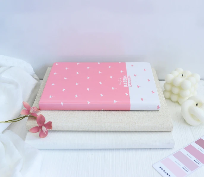 a couple of books sitting on top of a table, a cross stitch, by Alice Mason, pastel pink, notebook, hearts, product photo