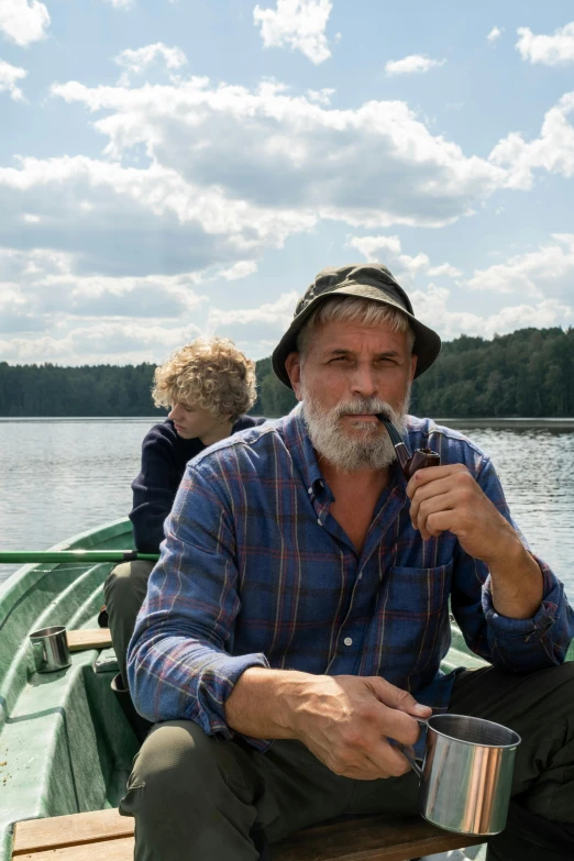 a man sitting in a boat on a lake, barabas miklos and hollosy simon, oldman with mustach, profile image, maple syrup sea