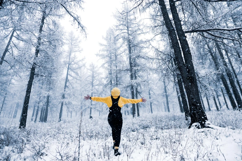 a person standing in the middle of a snow covered forest, inspired by national geographic, pexels contest winner, arms stretched out, yellow, mongolia, college