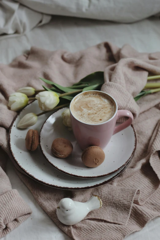 a cup of coffee sitting on top of a white plate, a still life, pexels contest winner, romanticism, brown and pink color scheme, tulip, macaron, brown clothes