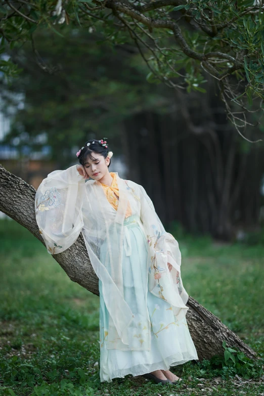 a woman in a white dress standing next to a tree, inspired by Ma Yuanyu, renaissance, hanfu, slide show, portrait image