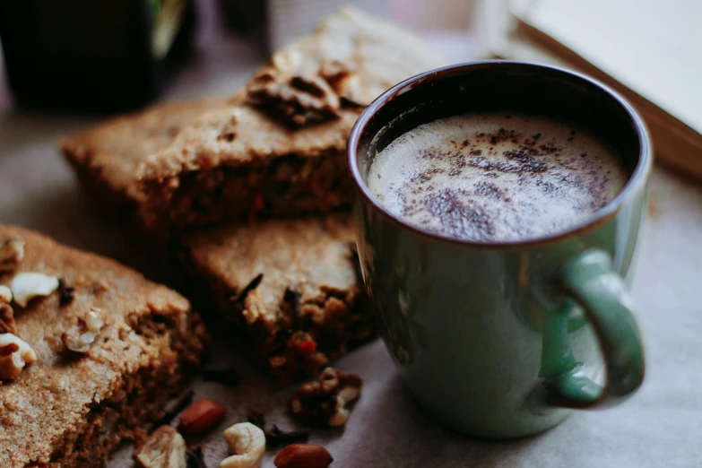 a close up of a plate of food with a cup of coffee, a photo, by Emma Andijewska, trending on pexels, brown bread with sliced salo, with a cup of hot chocolate, thumbnail, background image