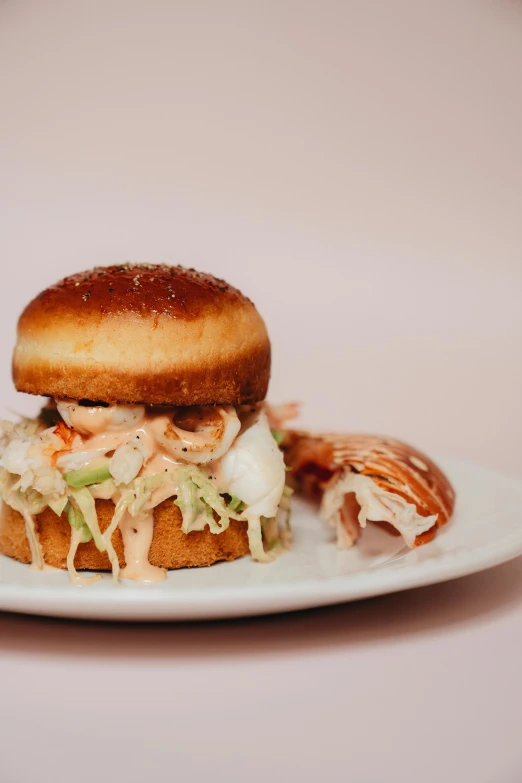 a sandwich sitting on top of a white plate, krakens, holding toasted brioche bun, pink frosted donut, crustacean