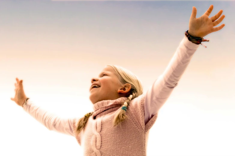 a little girl that is standing up with her hands in the air, pexels contest winner, figuration libre, smiling in heaven, the sky is pink, greta thunberg smiling, 15081959 21121991 01012000 4k