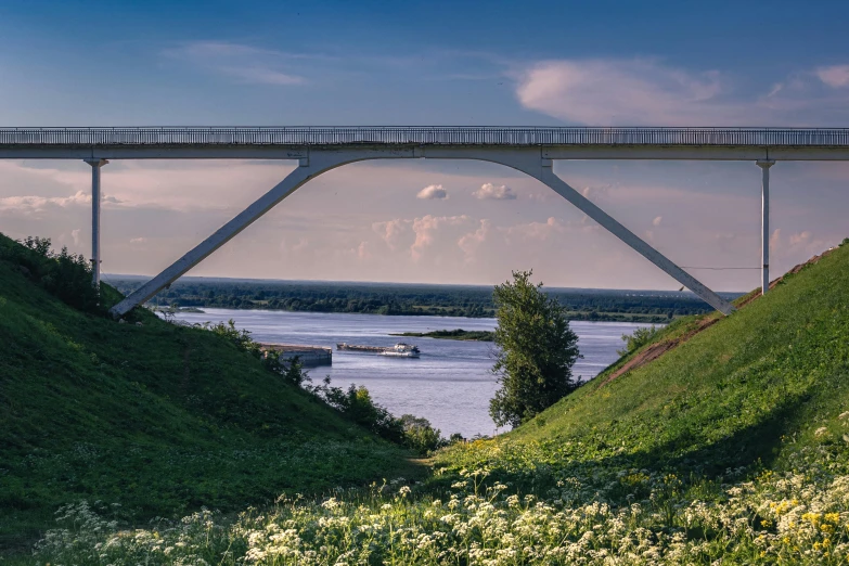 a bridge over a large body of water, a picture, by Svetlin Velinov, pexels contest winner, rostov, alvar aalto, monorail, nordic summer