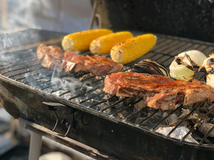 a close up of a grill with meat and vegetables on it, by Niko Henrichon, pexels contest winner, corn, “ iron bark, 3 / 4 wide shot, 6 pack