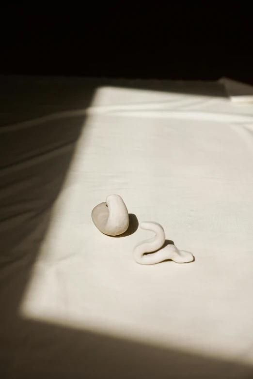 a pair of ear buds sitting on top of a bed, a marble sculpture, by Elsa Bleda, snake body, white clay, morning sun, clay model