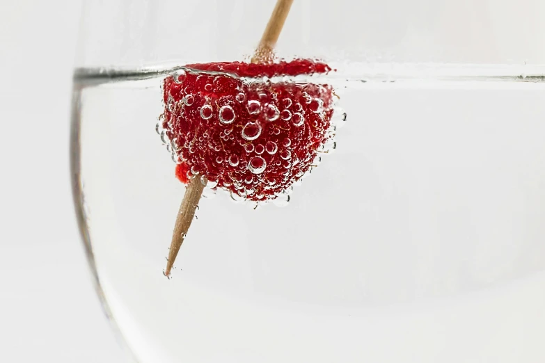 a raspberry floating in a glass of water with a toothpick sticking out of it, inspired by Jan Rustem, pexels, process art, bubbly underwater scenery, on a white table, fan favorite, product introduction photo