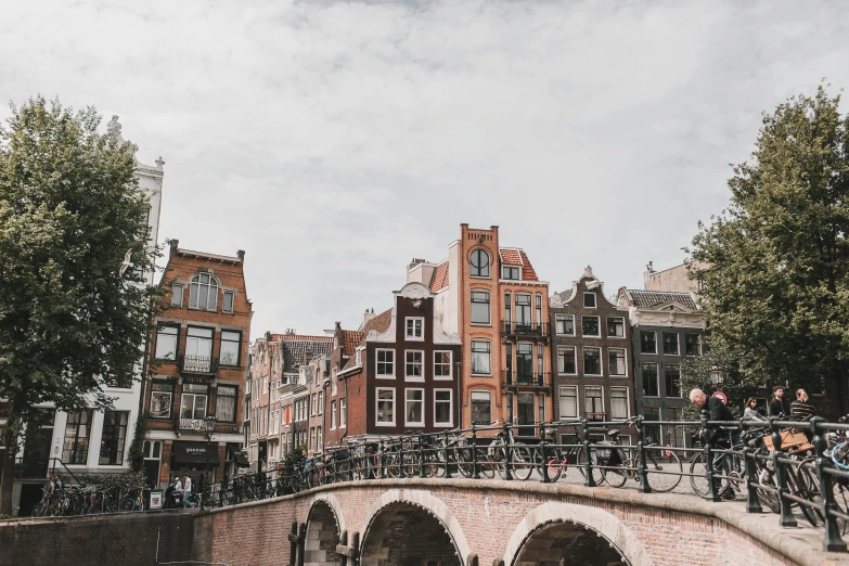 bicycles are parked on a bridge over a canal, by Jan Tengnagel, pexels contest winner, neoclassicism, all buildings on bridge, 🚿🗝📝