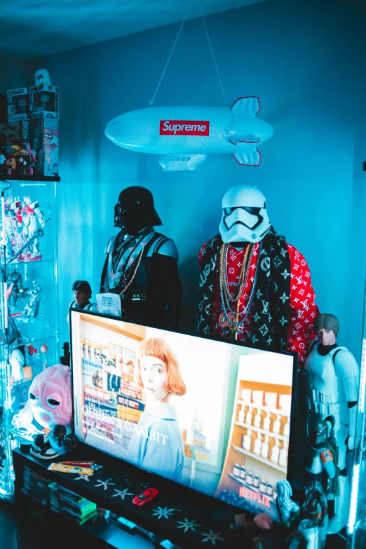 a couple of people that are standing in front of a tv, unsplash, toyism, stormtroopers, dressed in expensive clothes, hottoys, up there