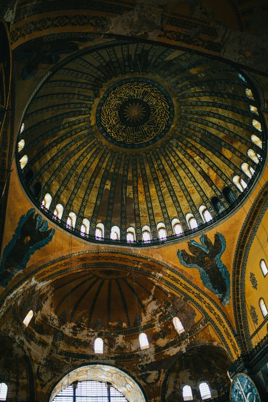 a group of people standing inside of a building, an album cover, by Cimabue, trending on unsplash, romanesque, mosque interior, dome, yellow, round-cropped