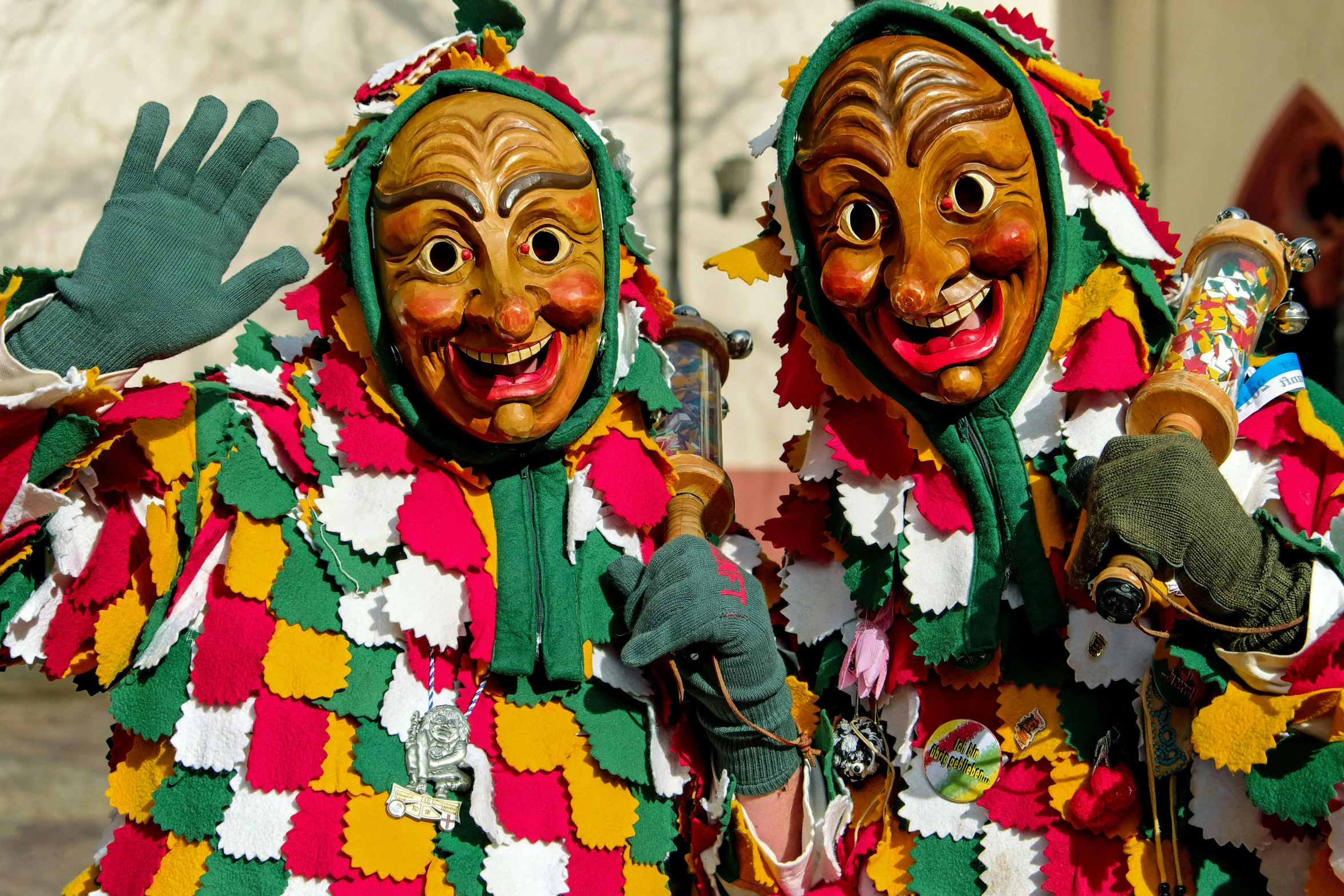 a couple of clowns standing next to each other, inspired by Bernd Fasching, shutterstock, renaissance, traditional corsican, winter, square, brightly coloured