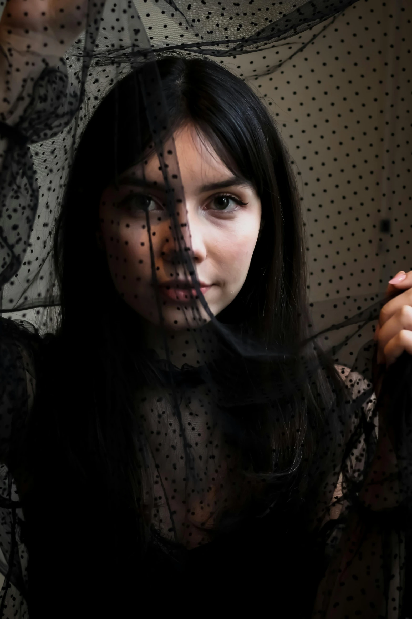 a woman with a veil over her face, an album cover, by Aileen Eagleton, dressed in black lace, dark hair, photo from a promo shoot, center parted curtain bangs