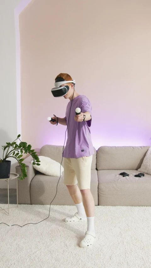 a man standing in a living room playing a video game, inspired by An Gyeon, unsplash, hyperrealism, 3 d goggles, thumbnail, 8k octan photo, 8k octan advertising photo