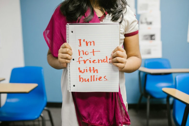 a woman holding a sign that says i'm not friends with bullies, an album cover, pexels, in a classroom, bulli, thumbnail, 1 2 9 7