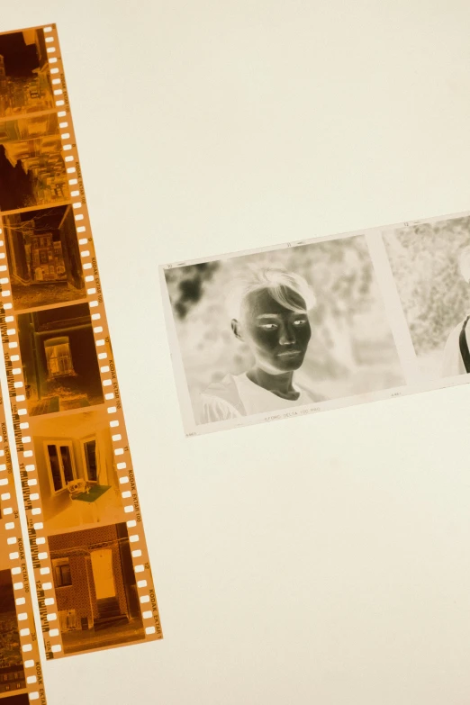 a couple of films sitting on top of a table, a black and white photo, inspired by Gordon Parks, color slide film, imax close-up of face, film strip reel showing 9 frames, expired burned film from 1930s