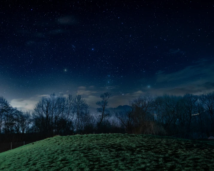 a grassy hill under a night sky full of stars, pexels contest winner, magical realism, dark winter evening, planets in the sky, on a green hill between trees, aries constellation