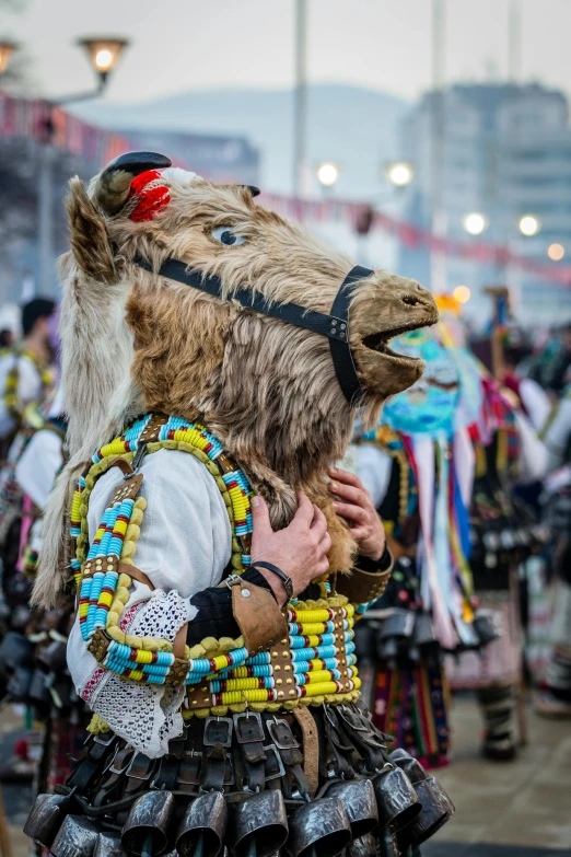 a man in a bear mask standing in front of a crowd, an album cover, by Julia Pishtar, pexels contest winner, renaissance, ukrainian national costume, horse, llama with dreadlocks, 2022 photograph