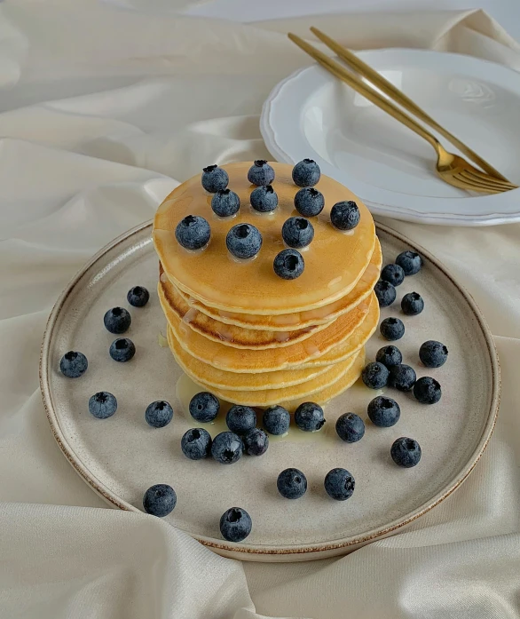 a stack of pancakes with blueberries on a plate, a photorealistic painting, by Adam Rex, pexels, background image, malaysian, made of food, liquid gold