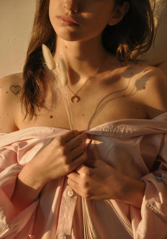 a close up of a person wearing a pink shirt, an album cover, inspired by Elsa Bleda, renaissance, band of gold round his breasts, ethereal dreamy light, wearing several pendants, morning. hyperrealism