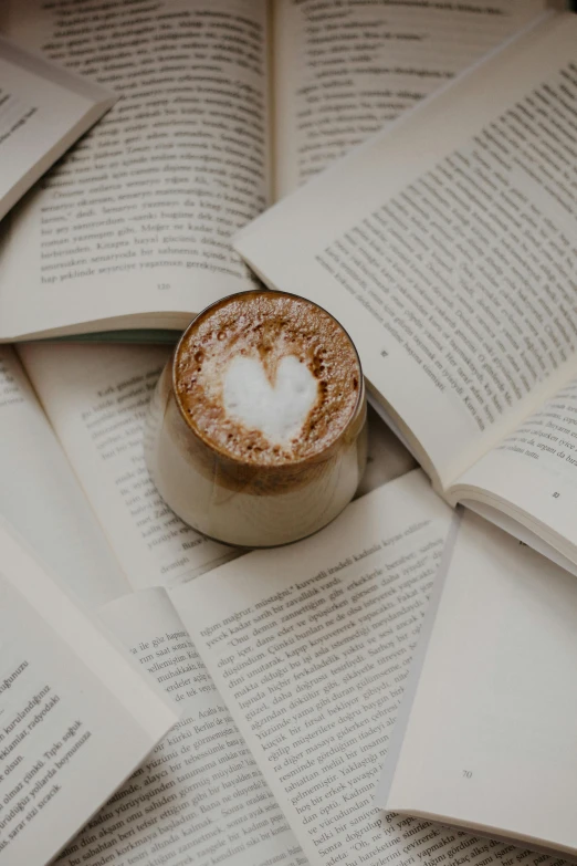 a cup of coffee sitting on top of an open book, pexels contest winner, romanticism, brown and white color scheme, thumbnail, multiple stories, ( 3 1