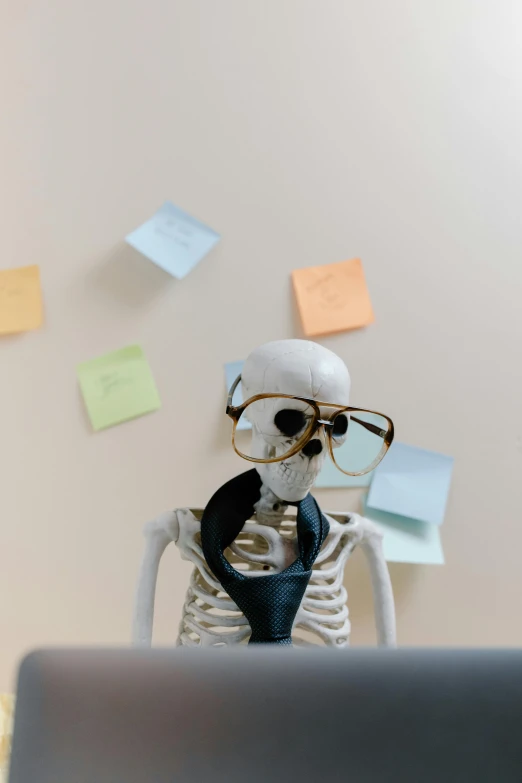 a skeleton sitting in front of a laptop computer, by Jessie Algie, unsplash contest winner, with square glasses, notes, doctors office, excitement