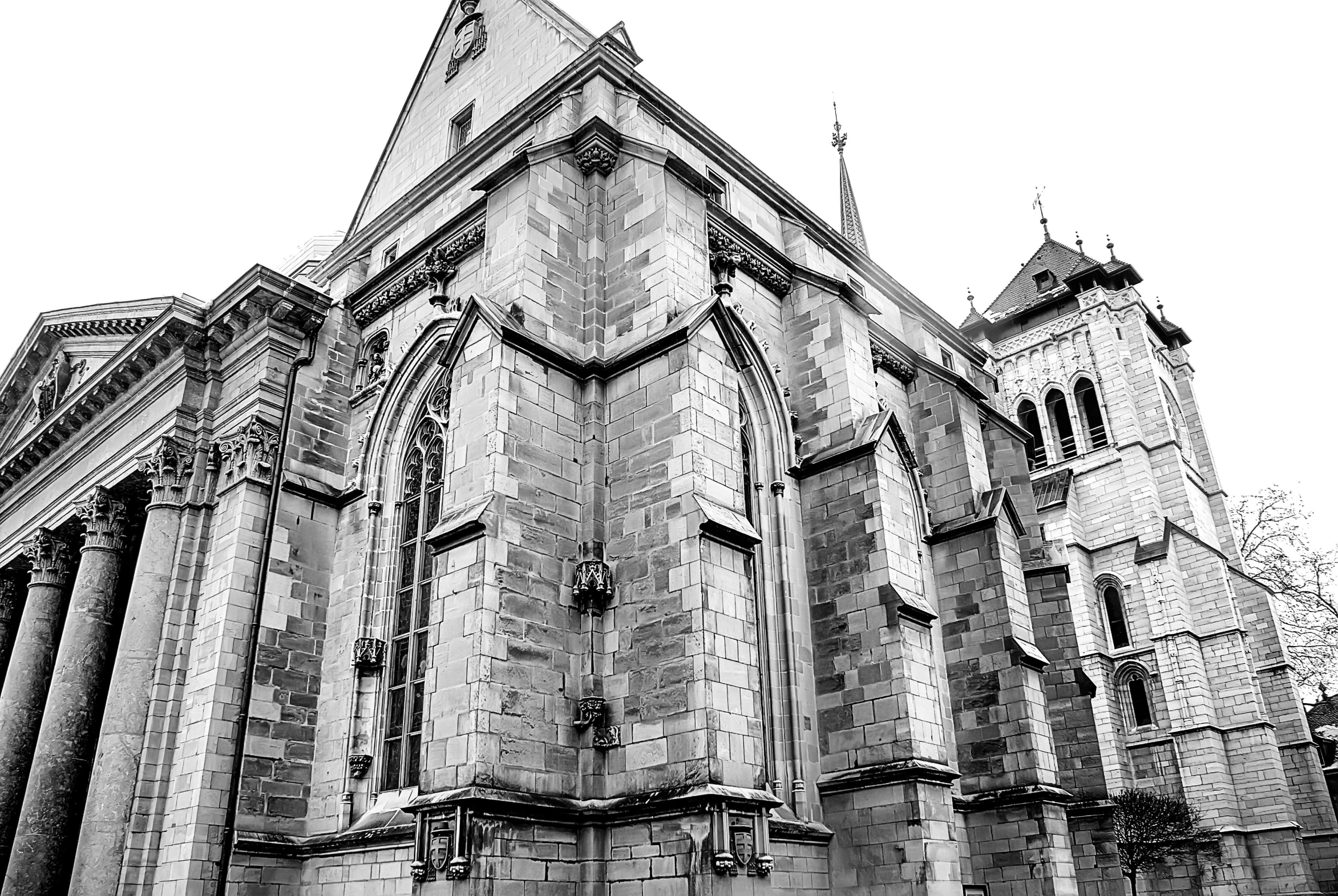 a black and white photo of a church, a photo, romanesque, swiss architecture, shot with iphone 1 0, conept art, old city