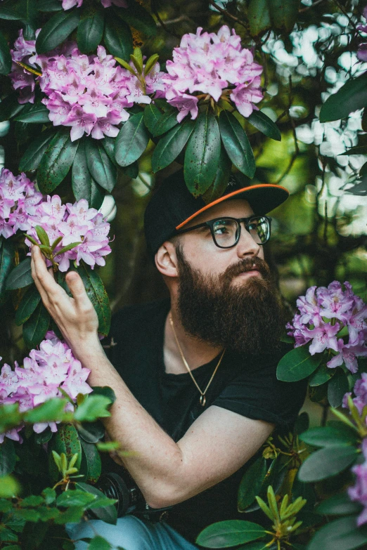 a man with a beard sitting in a bush of flowers, an album cover, by Jacob Duck, unsplash, ricky berwick, high quality photo, in a tree, florida man