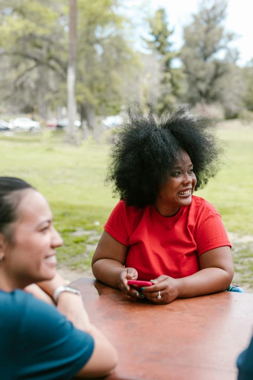 a group of people sitting around a wooden table, at a park, long afro hair, two women, talking