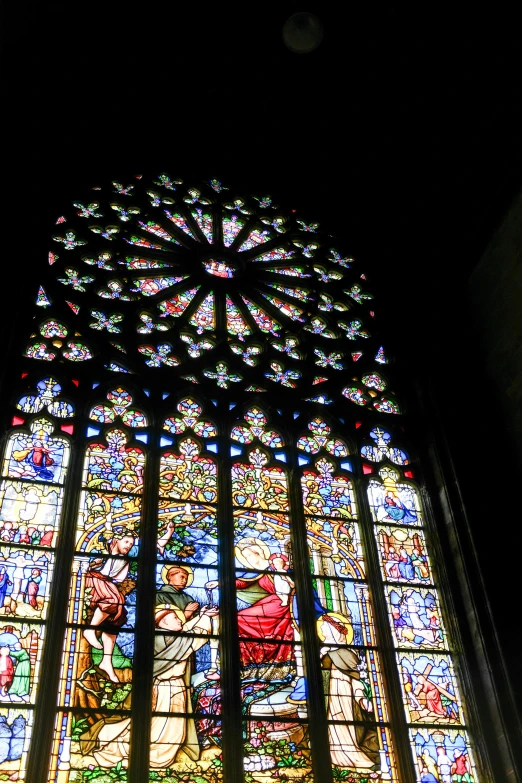 a large stained glass window in a church, inspired by Master of Saint Giles, flickr, renaissance, black, square, video, multicoloured