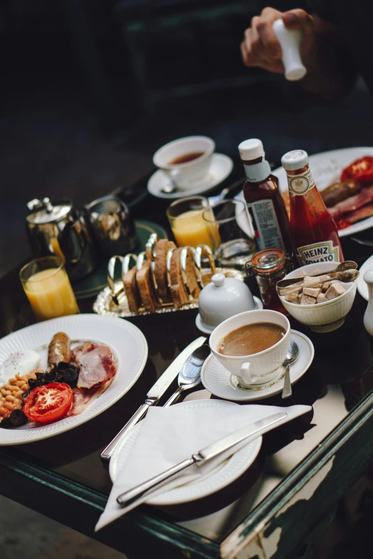 a table topped with plates of food and cups of coffee, breakfast, award-winning crisp details”, waking up, royaltly