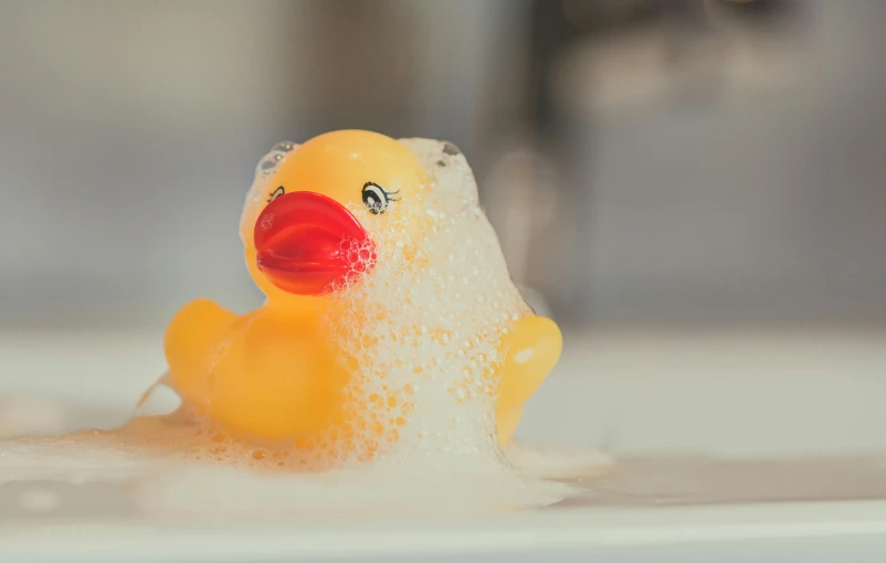 a rubber duck that is sitting in a bathtub, pexels, foamy bubbles, high detail shot, hot glue, ready to eat