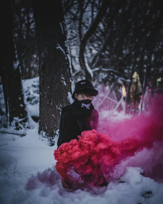 a person standing in the snow with a red smoke bomb, non-binary, colorful and dark, instagram photo, pink forest