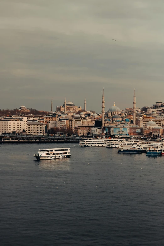 a large body of water filled with lots of boats, a colorized photo, inspired by Niyazi Selimoglu, pexels contest winner, hurufiyya, city landscape, square, grayish, 4 k cinematic panoramic view