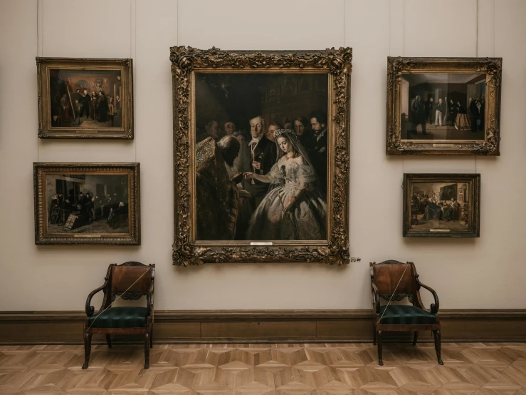 a couple of chairs sitting in front of a painting, pexels contest winner, wearing victorian clothes, a group of people, unsplash photo contest winner, in a museum